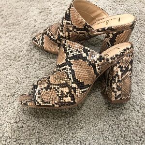 Size 8 Lulu’s Heeled Snakeskin Slides- Brand New, Never Worn